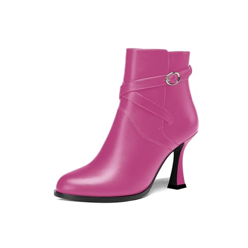 AMBELIGHT Damen-Stiefel, rund, matt, Knöchelriemen, niedliche Schnalle, Spule, hoher Absatz, 8,4 cm, magenta, 36.5 EU von AMBELIGHT