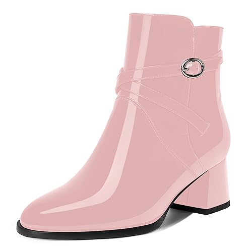 AMBELIGHT Damen-Stiefel mit runder Zehenpartie, Lack-Schnalle, Knöchelriemen, klobiger niedriger Absatz, 5,1 cm, rose, 37.5 EU von AMBELIGHT