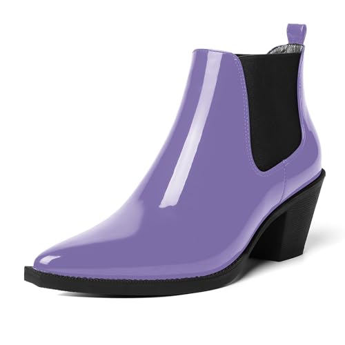 AMBELIGHT Damen-Stiefel mit spitzem Zehenbereich, zum Hineinschlüpfen, Nachtclub, Patent, niedlich, Blockabsatz, knöchelhoch, 5,8 cm, Lavender Black, 40.5 EU von AMBELIGHT