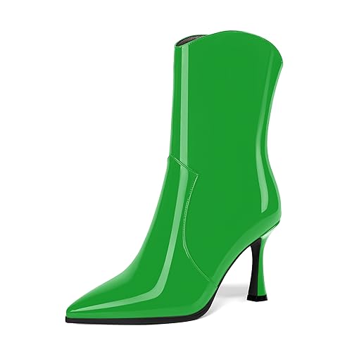 AMBELIGHT Damen Stiefeletten mit spitzem Zehenbereich, Lack-Reißverschluss, Stiletto, hoher Absatz, 8,4 cm, grün, 43 EU von AMBELIGHT