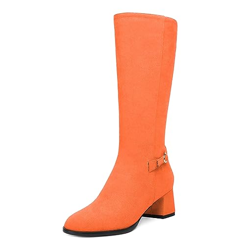 AMBELIGHT Damenstiefel mit rundem Zehenbereich, Reißverschluss, solides Wildleder, klobig, niedriger Absatz, wadenhoch, 5,1 cm, Orange - Hot Orange, 41 EU von AMBELIGHT