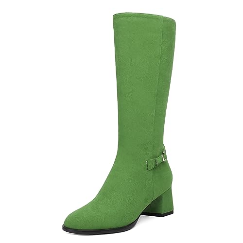 AMBELIGHT Damenstiefel mit rundem Zehenbereich, Reißverschluss, solides Wildleder, klobig, niedriger Absatz, wadenhoch, 5,1 cm, grün, 38 EU von AMBELIGHT