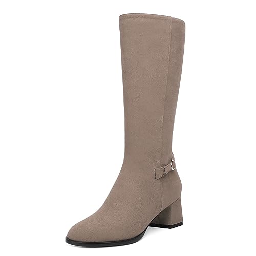 AMBELIGHT Damenstiefel mit rundem Zehenbereich, Reißverschluss, solides Wildleder, klobig, niedriger Absatz, wadenhoch, 5,1 cm, khaki, 43.5 EU von AMBELIGHT