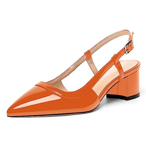 AMBELIGHT Modische Damen-Pumps mit Schnalle und Slingback, spitzer Zehenbereich, Lackblock, niedriger Absatz, 5,1 cm, Orange, 39 EU von AMBELIGHT