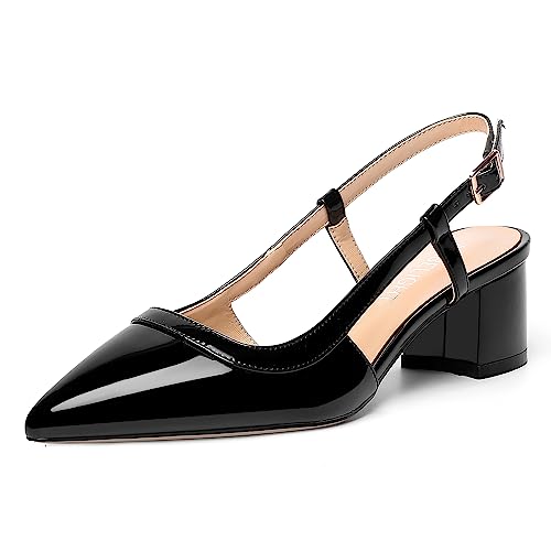 AMBELIGHT Modische Damen-Pumps mit Schnalle und Slingback, spitzer Zehenbereich, Lackblock, niedriger Absatz, 5,1 cm, Schwarz , 39.5 EU von AMBELIGHT