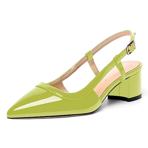 AMBELIGHT Modische Damen-Pumps mit Schnalle und Slingback, spitzer Zehenbereich, Lackblock, niedriger Absatz, 5,1 cm, gelbgrün, 38 EU von AMBELIGHT