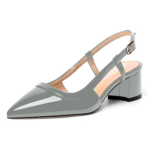 AMBELIGHT Modische Damen-Pumps mit Schnalle und Slingback, spitzer Zehenbereich, Lackblock, niedriger Absatz, 5,1 cm, grau, 41 EU von AMBELIGHT