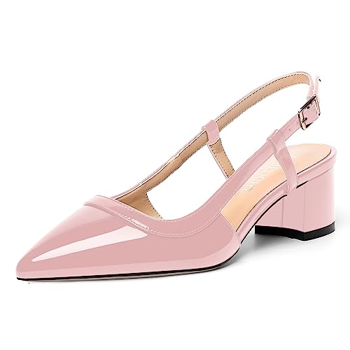 AMBELIGHT Modische Damen-Pumps mit Schnalle und Slingback, spitzer Zehenbereich, Lackblock, niedriger Absatz, 5,1 cm, rose, 37.5 EU von AMBELIGHT