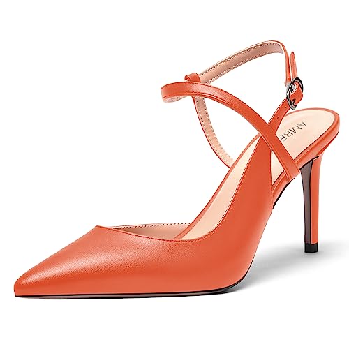 AMBELIGHT Sexy Damen-Pumps mit fester Schnalle, matt, verstellbarer Riemen, spitzer Zehenbereich, Stiletto, hoher Absatz, 8,4 cm, Orange, 35.5 EU von AMBELIGHT