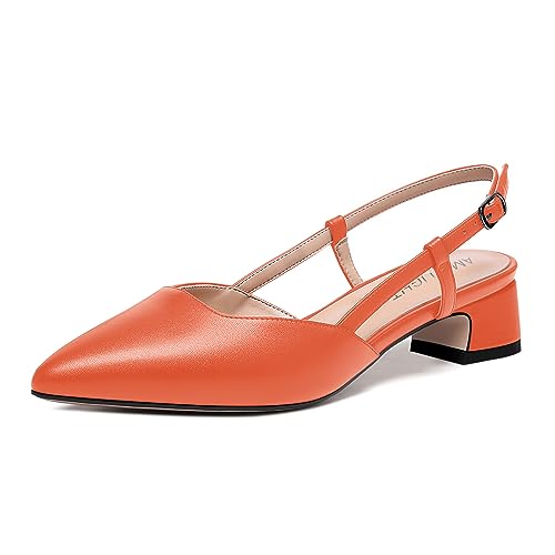 AMBELIGHT Solide, matte Damen-Pumps mit spitzem Zehenbereich, Slingback, Performance-Schnalle, klobig, niedriger Absatz, 3,8 cm, Orange, 38 EU von AMBELIGHT