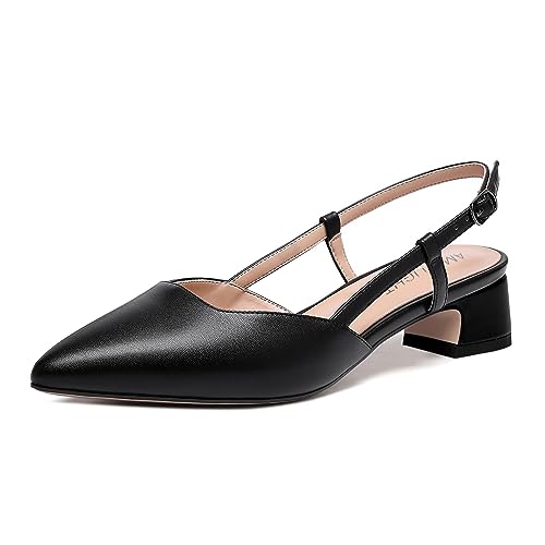 AMBELIGHT Solide, matte Damen-Pumps mit spitzem Zehenbereich, Slingback, Performance-Schnalle, klobig, niedriger Absatz, 3,8 cm, Schwarz , 35.5 EU von AMBELIGHT