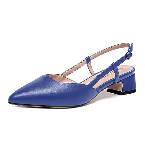 AMBELIGHT Solide, matte Damen-Pumps mit spitzem Zehenbereich, Slingback, Performance-Schnalle, klobig, niedriger Absatz, 3,8 cm, königsblau, 43.5 EU von AMBELIGHT