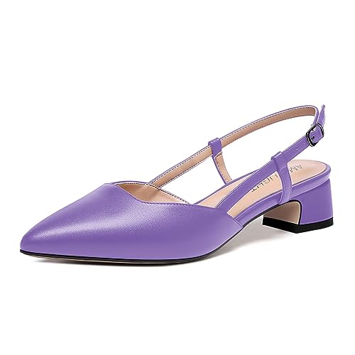 AMBELIGHT Solide, matte Damen-Pumps mit spitzem Zehenbereich, Slingback, Performance-Schnalle, klobig, niedriger Absatz, 3,8 cm, lavendel, 36.5 EU von AMBELIGHT