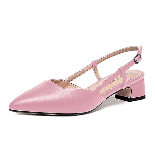 AMBELIGHT Solide, matte Damen-Pumps mit spitzem Zehenbereich, Slingback, Performance-Schnalle, klobig, niedriger Absatz, 3,8 cm, rose, 39.5 EU von AMBELIGHT