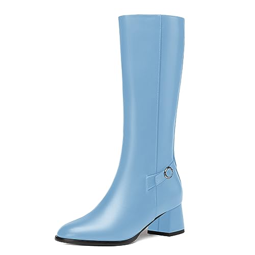 AMBELIGHT Solide, matte Damen-Stiefel mit Reißverschluss, runder Zehenbereich, niedlich, klobig, niedriger Absatz, wadenhoch, 5,1 cm, hellblau, 35.5 EU von AMBELIGHT