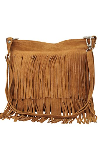 AMBRA Moda Damen Handtasche Ledertasche Umhängetasche Fransentasche Schultertasche Damentasche Wildleder 32 cm x 29 cm x 2 cm WL809 (Cognac) von AMBRA Moda