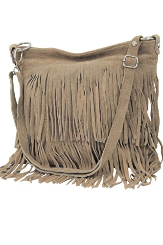 AMBRA Moda Damen Handtasche Ledertasche Umhängetasche Fransentasche Schultertasche Damentasche Wildleder 32 cm x 29 cm x 2 cm WL809 (Dunkelbeige) von AMBRA Moda