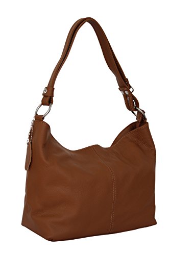 AMBRA Moda Damen Leder Handtasche Schultertasche Umhängetasche Hobo bag GL005 (Cognac Braun) von AMBRA Moda