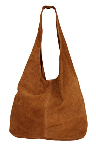 AMBRA Moda Damen Ledertasche Shopper Wildleder Handtasche Schultertasche Beuteltasche WL818, Cognacbraun, XL von Genuine Leather