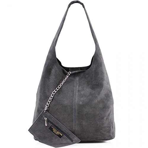 AMBRA Moda Damen Ledertasche Shopper Wildleder Handtasche Schultertasche Beuteltasche WL818 (Anthrazitgrau) von Genuine Leather