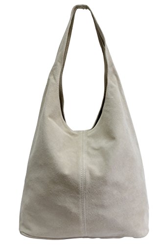 AMBRA Moda Damen Ledertasche Shopper Wildleder Handtasche Schultertasche Beuteltasche WL818 (Beige) von AMBRA Moda