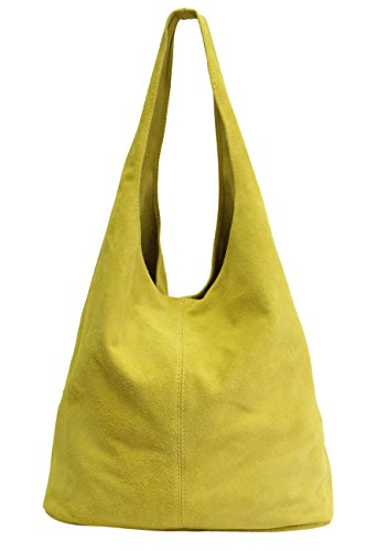 AMBRA Moda Damen Ledertasche Shopper Wildleder Handtasche Schultertasche Beuteltasche WL818 (Gelb) von AMBRA Moda