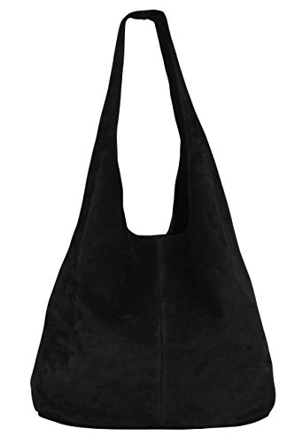 AMBRA Moda Damen Ledertasche Shopper Wildleder Handtasche Schultertasche Beuteltasche WL818 (Schwarz) von AMBRA Moda