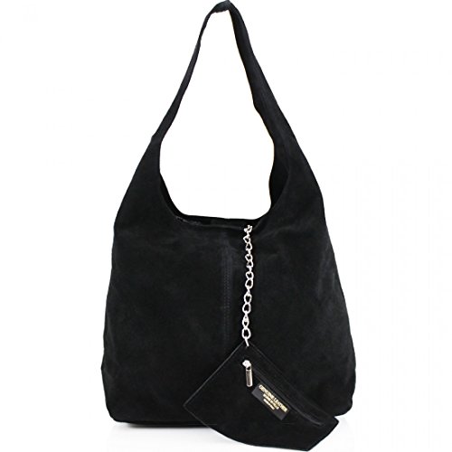 AMBRA Moda Damen Ledertasche Shopper Wildleder Handtasche Schultertasche Beuteltasche WL818 (Schwarz) von Genuine Leather