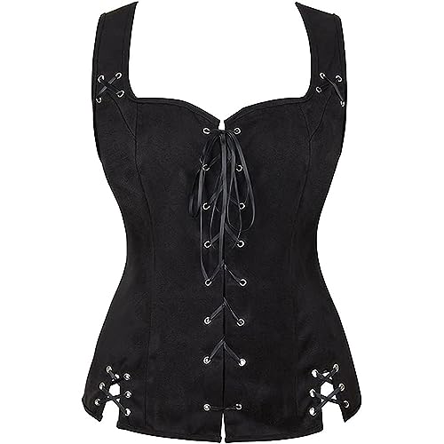 AMCOIN Damen-Kostüm Aus Wildleder Zum Schnüren Crew-Kostüm Mittelalterliches Renaissance-Kostüm Damen-Kostüm Zum Schnüren Weste Korsett Halloween-Kostüm (Schwarz,XL) von AMCOIN