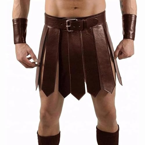 AMCOIN Herren Mittelalterlich Gladiator PU-Lederrock Römisch Krieger Taillengürtel Punk Stil Rockgürtel Halloween Cosplay Party Kostüm (Dunkelbraun,Einheitsgröße) von AMCOIN