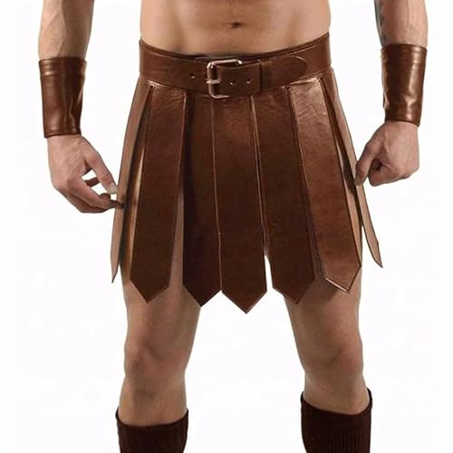 AMCOIN Herren Mittelalterlich Gladiator PU-Lederrock Römisch Krieger Taillengürtel Punk Stil Rockgürtel Halloween Cosplay Party Kostüm (Khaki,Einheitsgröße) von AMCOIN