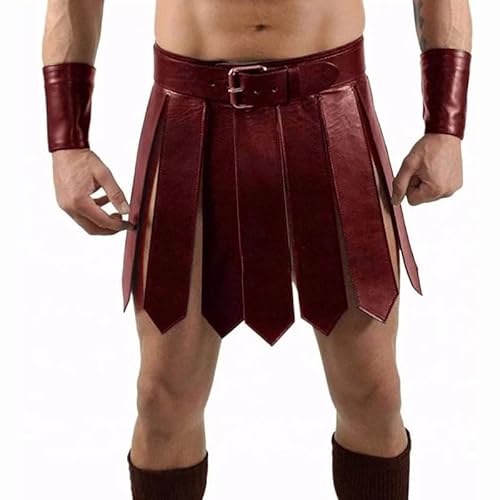 AMCOIN Herren Mittelalterlich Gladiator PU-Lederrock Römisch Krieger Taillengürtel Punk Stil Rockgürtel Halloween Cosplay Party Kostüm (Rot,Einheitsgröße) von AMCOIN