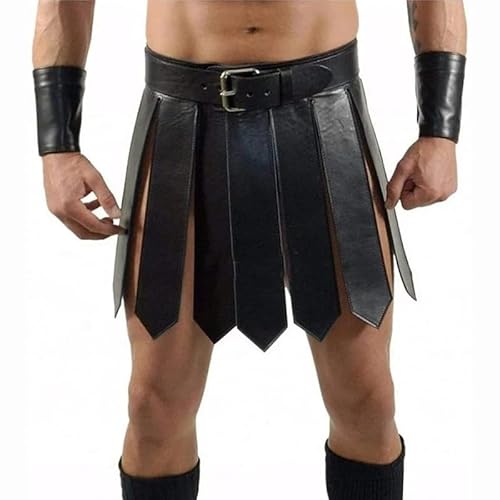 AMCOIN Herren Mittelalterlich Gladiator PU-Lederrock Römisch Krieger Taillengürtel Punk Stil Rockgürtel Halloween Cosplay Party Kostüm (Schwarz,Einheitsgröße) von AMCOIN