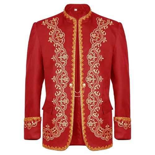 AMCOIN Herren Prinz Kostüm Blazer Steampunk Frack Mantel Männer Schwarzgold Bestickter Smoking Festlich Mittelalter Viktorianischen Retro Jacke (Gold-Kleid - Rot,3XL) von AMCOIN