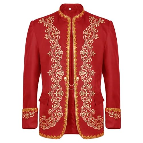 AMCOIN Herren Prinz Kostüm Blazer Steampunk Frack Mantel Männer Schwarzgold Bestickter Smoking Festlich Mittelalter Viktorianischen Retro Jacke (Gold-Kleid - Rot,L) von AMCOIN