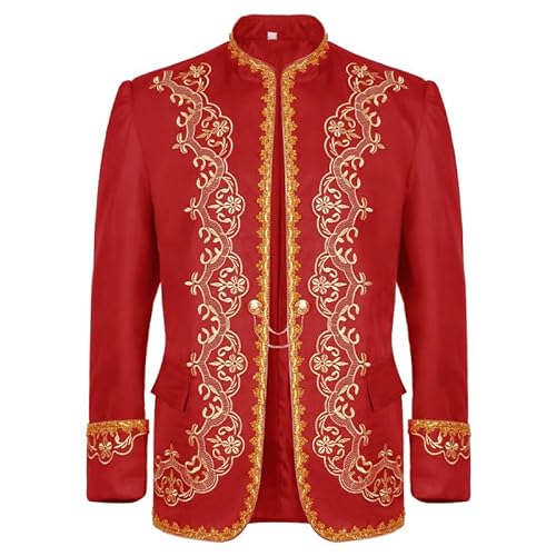 AMCOIN Herren Prinz Kostüm Blazer Steampunk Frack Mantel Männer Schwarzgold Bestickter Smoking Festlich Mittelalter Viktorianischen Retro Jacke (Gold-Kleid - Rot,L) von AMCOIN