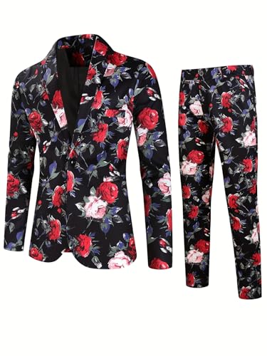 AMCOIN Herren Rose Ganzkörper Druck Business Anzug, Trendy Anzugjacke und formelle Businesshose, Rose5, XXXL von AMCOIN