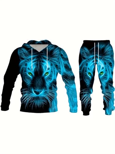 AMCYT Herren 3D Löwe Grafikdruck Kapuzenpullover Sweatshirt & Jogginghose Set Für Herbst Winter, Übergröße Herrenbekleidung, löwe, XXXL von AMCYT