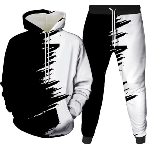 AMCYT Unisex Schwarz Weiß Kontrast Hoodie und Hose Herren Trainingsanzug Hoodie Jumpsuit Herren Herbst Winter (Herren1,L) von AMCYT