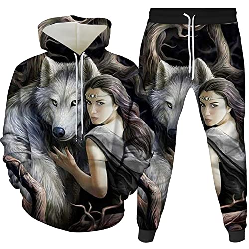 AMCYT Wolf Muster Herren Trainingsanzug Sporthose+Hoodie Hoodie-Sporthose Zweiteilige Herren Jogginganzug Sportanzug Sporthose+Hoodie (Wolf1,XL) von AMCYT