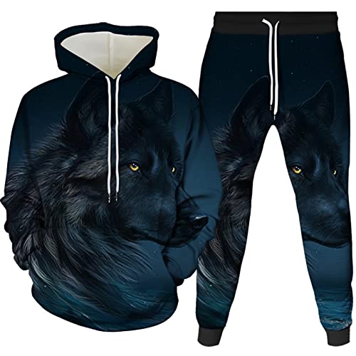 AMCYT Wolf Muster Herren Trainingsanzug Sporthose+Hoodie Hoodie-Sporthose Zweiteilige Herren Jogginganzug Sportanzug Sporthose+Hoodie (Wolf6,L) von AMCYT