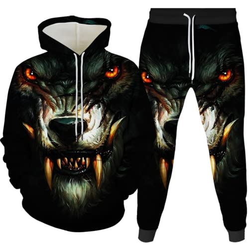 AMCYT wolf Herren Hoodie und Hose Herren Tier 3D-Druck lose Pullover + Jogginghose Trainingsanzug Hausanzug Joggingsuit (wolf1,S) von AMCYT