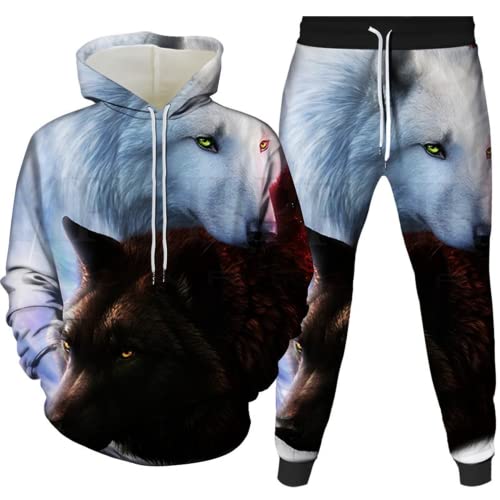 AMCYT wolf Herren Hoodie und Hose Herren Tier 3D-Druck lose Pullover + Jogginghose Trainingsanzug Hausanzug Joggingsuit (wolf2,XXL) von AMCYT