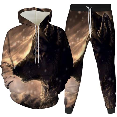 AMCYT wolf Herren Hoodie und Hose Herren Tier 3D-Druck lose Pullover + Jogginghose Trainingsanzug Hausanzug Joggingsuit (wolf6,L) von AMCYT