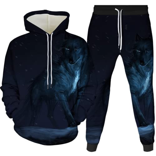 Herren Tier Wolf Hoodie und Hose Jogging Anzug Trainingsanzug Overall Ganzkörperanzug Hoodie Kapuzenpullover (Herren3,4XL) von AMCYT