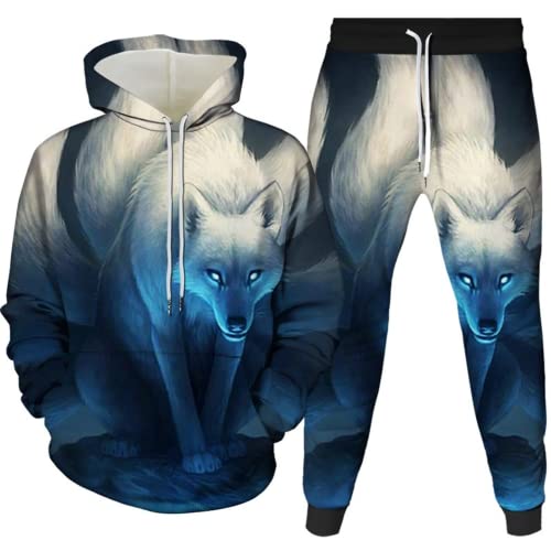 Herren Tier Wolf Hoodie und Hose Jogging Anzug Trainingsanzug Overall Ganzkörperanzug Hoodie Kapuzenpullover (Herren5,XL) von AMCYT