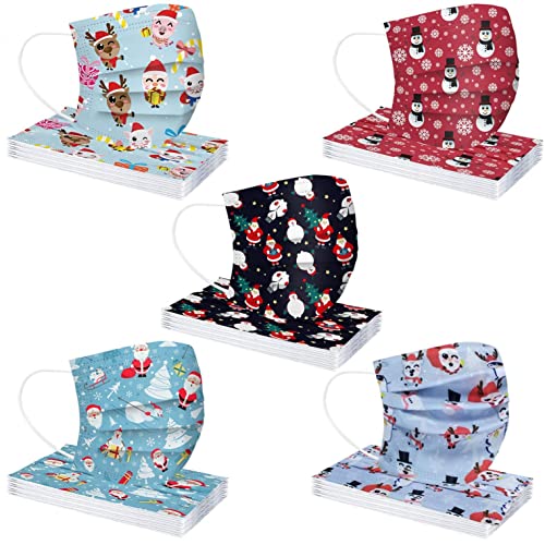 AMDOLE 50 Stück Erwachsene Weihnachten Mundschutz Multifunktionstuch Weihnachtsmotiv Einweg MNS Mund und Nasenschutz Rentier Weihnachtsmann Motiv Maske Tücher 3-lagig Atmungsaktiv Mund-Tuch Halstuch von AMDOLE