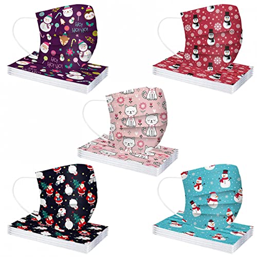AMDOLE 50 Stück Erwachsene Weihnachten Mundschutz Multifunktionstuch Weihnachtsmotiv Einweg MNS Mund und Nasenschutz Rentier Weihnachtsmann Motiv Maske Tücher 3-lagig Atmungsaktiv Mund-Tuch Halstuch von AMDOLE