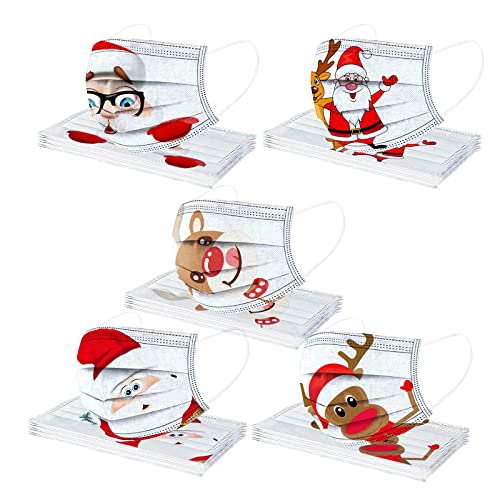 50 Stück Mundschutz Erwachsene Weihnachten Motiv 3-lagig Einmal MNS Mund-Tuch Weihnachtsmotiv Mund und Nasenschutz Elch Print MNS Halstuch Masken Atmungsaktive Bandana Schals für Männer Frauen von AMDOLE