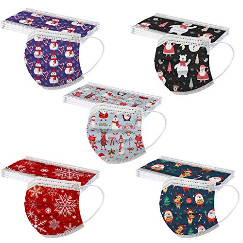 AMDOLE 50 Stück Weihnachten Erwachsene Mundschutz Einweg Weihnachtsmaske Mund Nasenschutz 3D Druck Maske Bunt Motiv Halstuch Atmungsaktiv Einmal MNS Mund-Tuch Bandana Schals von AMDOLE